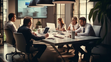 Teamwork meeting, business people in office workplace. Collaboration, technology and workers, men or employees planning sales, research or financial strategy in companyの素材
