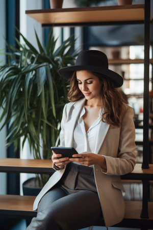 A pretty businesswoman sitting with mobile phone and smiling. Success person conceptの素材