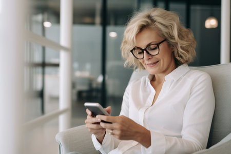 A pretty adult mature businesswoman sitting with mobile phone and smiling. Success person conceptの素材