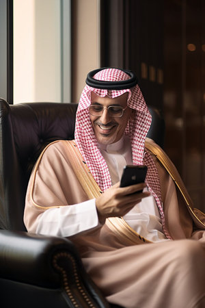 A saudi businessman sitting with mobile phone and smiling. Success person conceptの素材