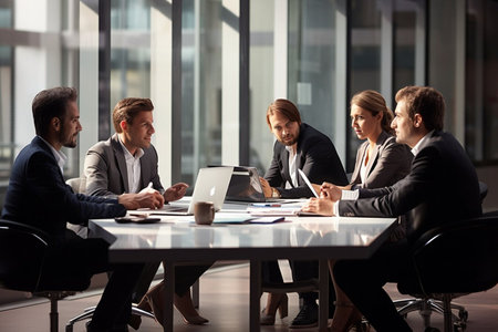 Teamwork meeting, business people in office workplace. Collaboration, technology and workers, men or employees planning sales, research or financial strategy in companyの素材