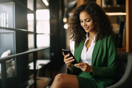 A pretty businesswoman sitting with mobile phone and smiling. Success person conceptの素材