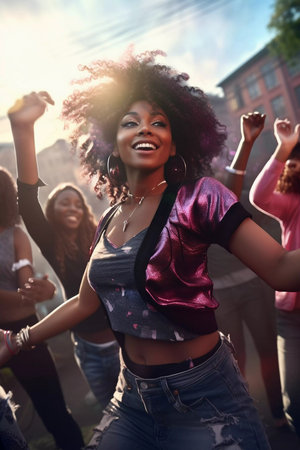 Beautiful young woman having fun at colorful music festival. Happy girl enjoying herself and dancing. Summer holiday, vacation conceptの素材