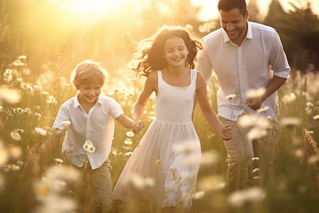 Happy family: mother, father, children son and daughter playing together and running back on nature at sunset.の素材