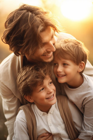 Happy family portrait: mother, father, children son and daughter smiling and enjoying. Beautiful sunny day.の素材