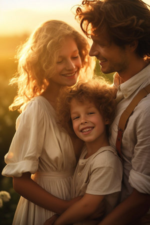 Happy family portrait: mother, father, children son and daughter smiling and enjoying. Beautiful sunny day.の素材