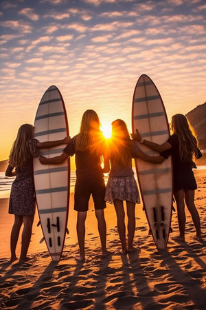 Young group of friends walking along the sandy beach near the ocean at sunset with surfboards, outdoor activities and sports holidays.の素材