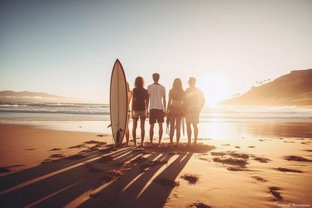 Young group of friends walking along the sandy beach near the ocean at sunset with surfboards, outdoor activities and sports holidays.の素材