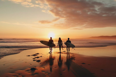 Young group of friends walking along the sandy beach near the ocean at sunset with surfboards, outdoor activities and sports holidays.の素材