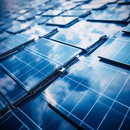 Solar panels reflect sparkling light From the sun, sky and clouds, Clean energy and environment. Green energy concept.の素材
