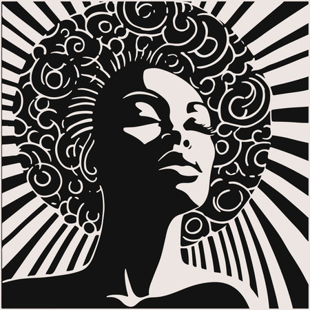Abstract art vector outline illustration of african woman face. Black and white coloring page of girl face portrait. Modern print, poster image.のイラスト素材