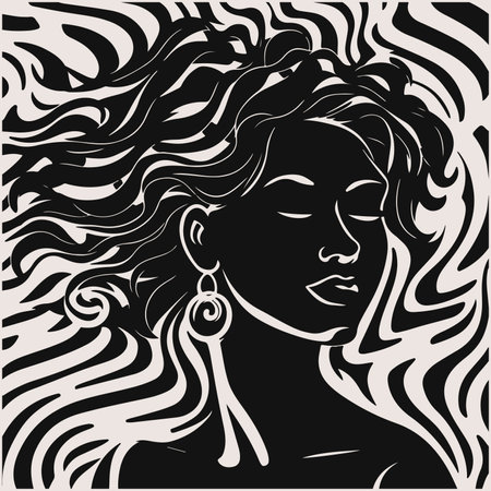 Abstract art vector outline illustration of african woman face. Black and white coloring page of girl face portrait. Modern print, poster image.のイラスト素材