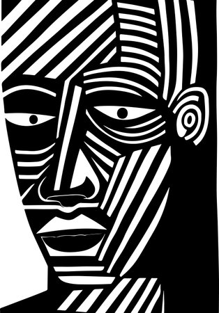 Abstract art vector outline illustration of African man face. Black and white coloring page of human face portrait. Modern print, poster imageのイラスト素材