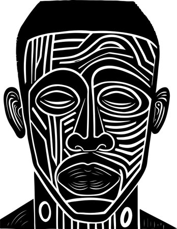 Abstract art vector outline illustration of African man face. Black and white coloring page of human face portrait. Modern print, poster imageのイラスト素材