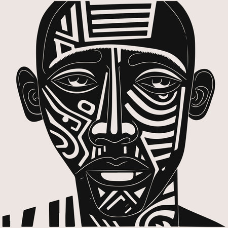 Abstract art vector outline illustration of African man face. Black and white coloring page of human face portrait. Modern print, poster imageのイラスト素材