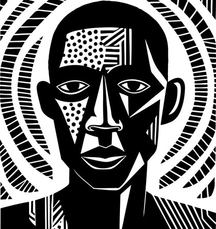Abstract art vector outline illustration of African man face. Black and white coloring page of human face portrait. Modern print, poster imageのイラスト素材