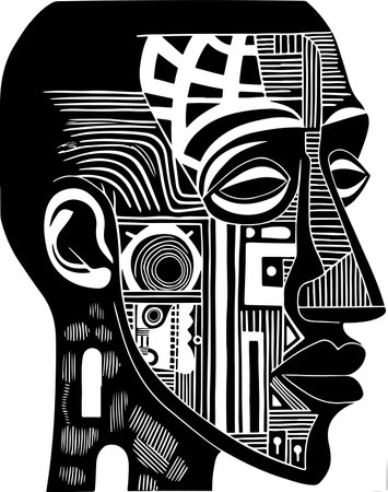Abstract art vector outline illustration of African man face. Black and white coloring page of human face portrait. Modern print, poster imageのイラスト素材