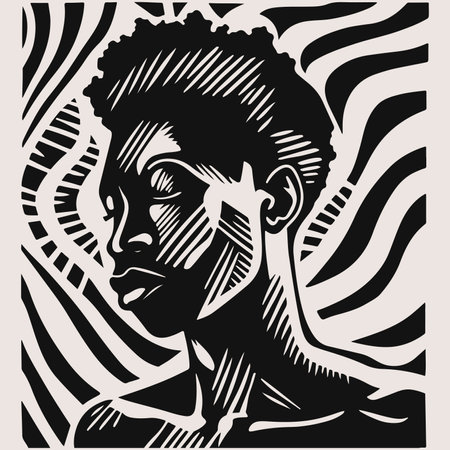 Abstract art vector outline illustration of African man face. Black and white coloring page of human face portrait. Modern print, poster imageのイラスト素材