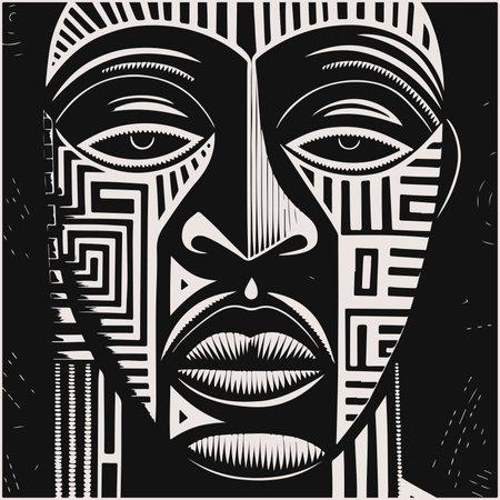 Abstract art vector outline illustration of African man face. Black and white coloring page of human face portrait. Modern print, poster imageのイラスト素材