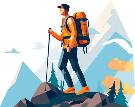Hiker person hiking or trekking with backpack walking in mountain forest outdoor wilderness landscape, vector illustration in flat styleのイラスト素材