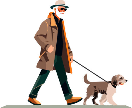 An old man walking with his cute dog. Happy pet owner. Adorable dog friend. Flat vector illustrationのイラスト素材