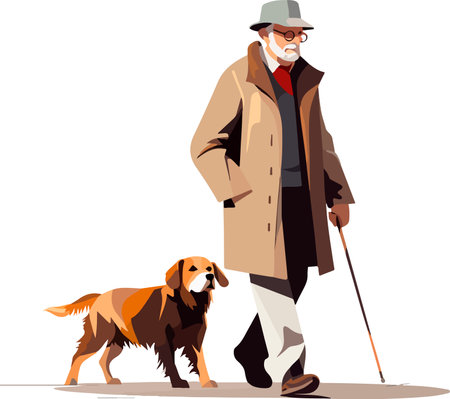 An old man walking with his cute dog. Happy pet owner. Adorable dog friend. Flat vector illustrationのイラスト素材