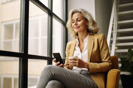 A pretty adult mature businesswoman sitting with mobile phone and smiling. Success person conceptの素材