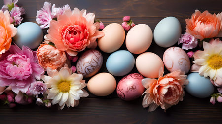 Easter poster and banner template with Easter eggs in decorated basket nest and spring flowers background. Greetings and presents for Easter Day. Promotion and shopping template for Easter.の素材