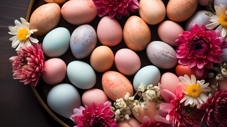 Easter poster and banner template with Easter eggs in decorated basket nest and spring flowers background. Greetings and presents for Easter Day. Promotion and shopping template for Easter.の素材