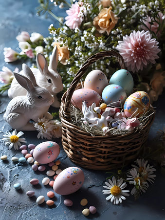 Easter poster and banner template with Easter eggs in decorated basket, bunny rabbit and spring flowers background. Greetings and presents for Easter Day. Promotion and shopping template for Easter.の素材