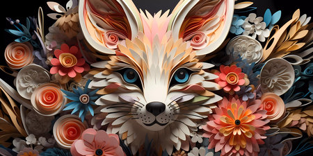 Easter bunny rabbit head with spring flowers background. Abstract Happy Easter greetings card bannerの素材