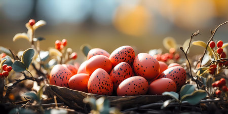 Colored Easter eggs in decorated basket and spring flowers on green grass at sunny day, celebration of religious holidays. Happy Easter greetings card, bannerの素材