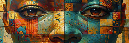 Two women with blue and red faces are painted on a wall. The painting is abstract and colorful, with a mix of blue, red, and yellow tonesの素材