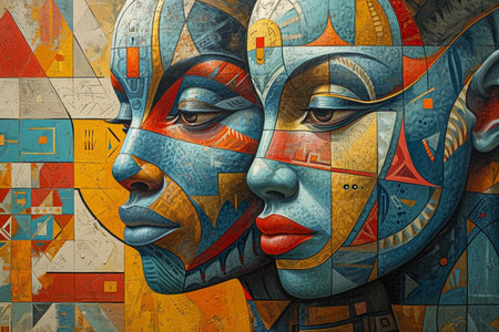 Two women with blue and red faces are painted on a wall. The painting is abstract and colorful, with a mix of blue, red, and yellow tonesの素材