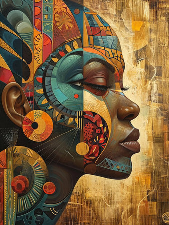 Woman with blue and red faces are painted on a wall. The painting is abstract and colorful, with a mix of blue, red, and yellow tonesの素材
