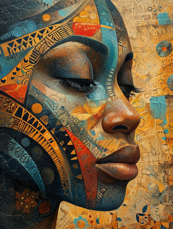 Woman with blue and red faces are painted on a wall. The painting is abstract and colorful, with a mix of blue, red, and yellow tonesの素材