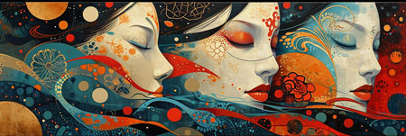 3 women with red lips and orange flowers painted on her face. The painting is colorful and has a lot of detailの素材