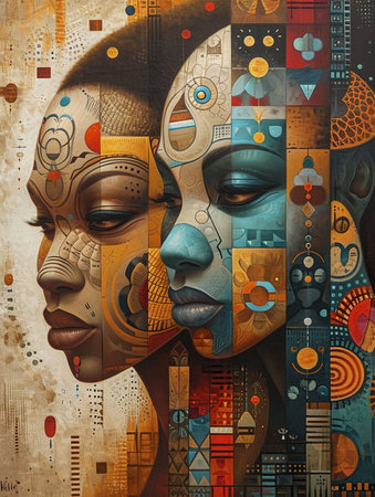 Two women with blue and red faces are painted on a wall. The painting is abstract and colorful, with a mix of blue, red, and yellow tonesの素材