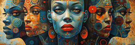 5 women with blue and red faces are painted on a wall. The painting is abstract and colorful, with a mix of blue, red, and yellow tonesの素材