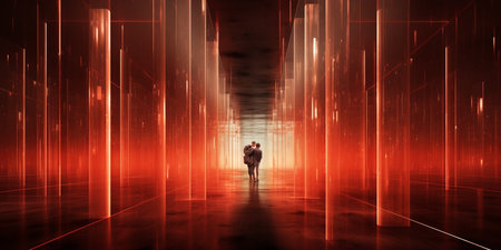 Abstract red cyber background with door in centerの素材