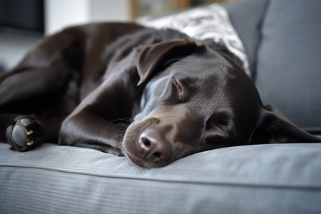 A black dog is laying on a couch with its eyes closed. The dog appears to be relaxed and comfortableの素材
