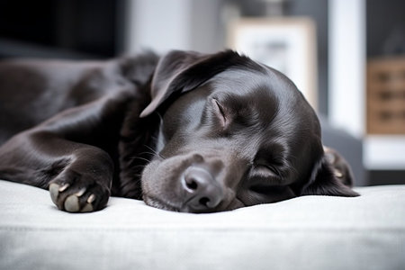 A black dog is laying on a couch with its eyes closed. The dog appears to be relaxed and comfortableの素材