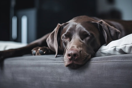 A black dog is laying on a couch with its eyes closed. The dog appears to be relaxed and comfortableの素材
