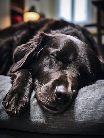 A black dog is laying on a couch with its eyes closed. The dog appears to be relaxed and comfortableの素材