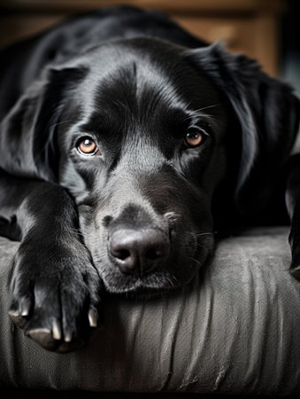 A black dog is laying on a couch with its eyes closed. The dog appears to be relaxed and comfortableの素材