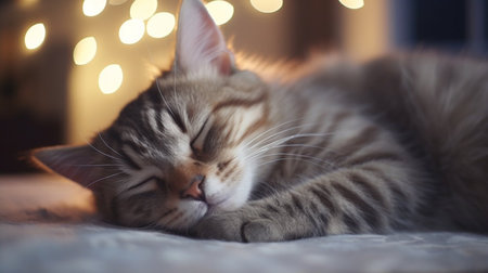 A cat is sleeping on a couch. The cat is brown and whiteの素材