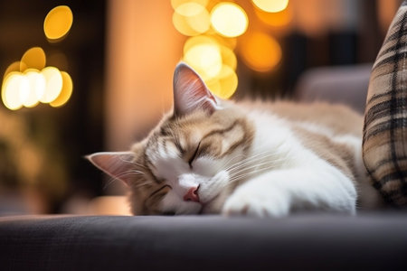 A cat is sleeping on a couch. The cat is brown and whiteの素材