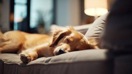 A white dog is sleeping on a couch. The dog is smiling and he is very relaxedの素材