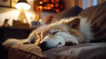 A white dog is sleeping on a couch. The dog is smiling and he is very relaxedの素材