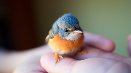 A small bird is in a person's hand. The bird is orange and blueの素材